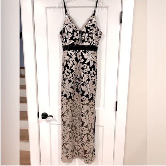 Venus Black Champagne Lace Gown NEW V Front Side Slits Mini Skirt Underlay 12 - Picture 4 of 11